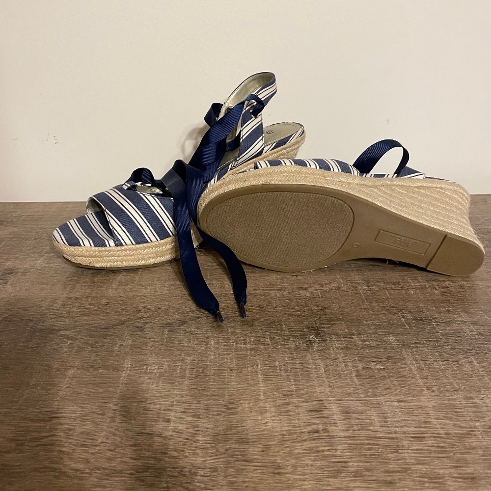 Blue and White size 10 ankle wrap sandals